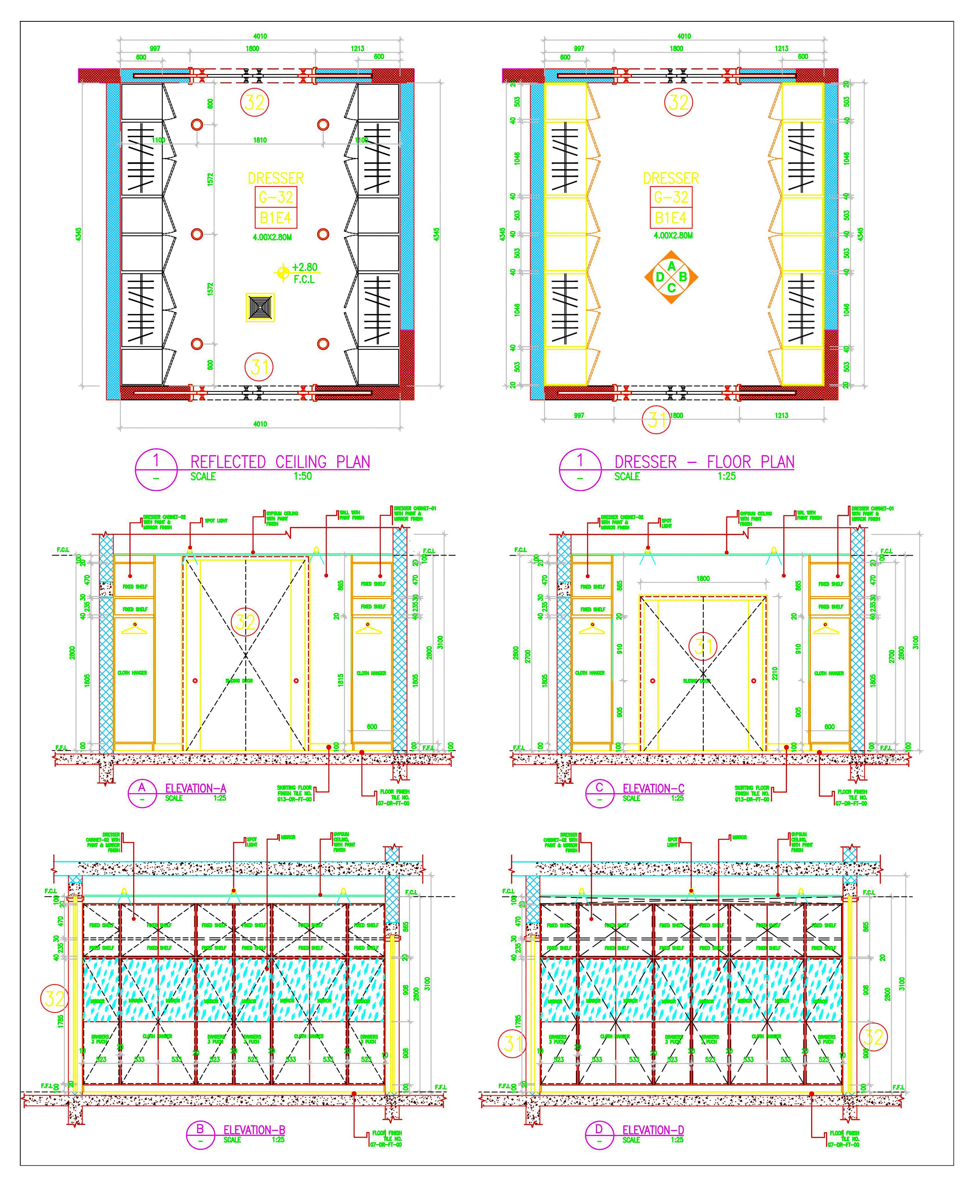 Dresser's Wardrobe Detailed AutoCAD Plan and Elevation